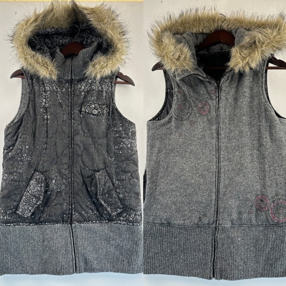 Empyre Jackets & Blazers - Empyre Reversible Quilted Hooded Vest Large Lambswool Grey Faux Fur Trim Boho